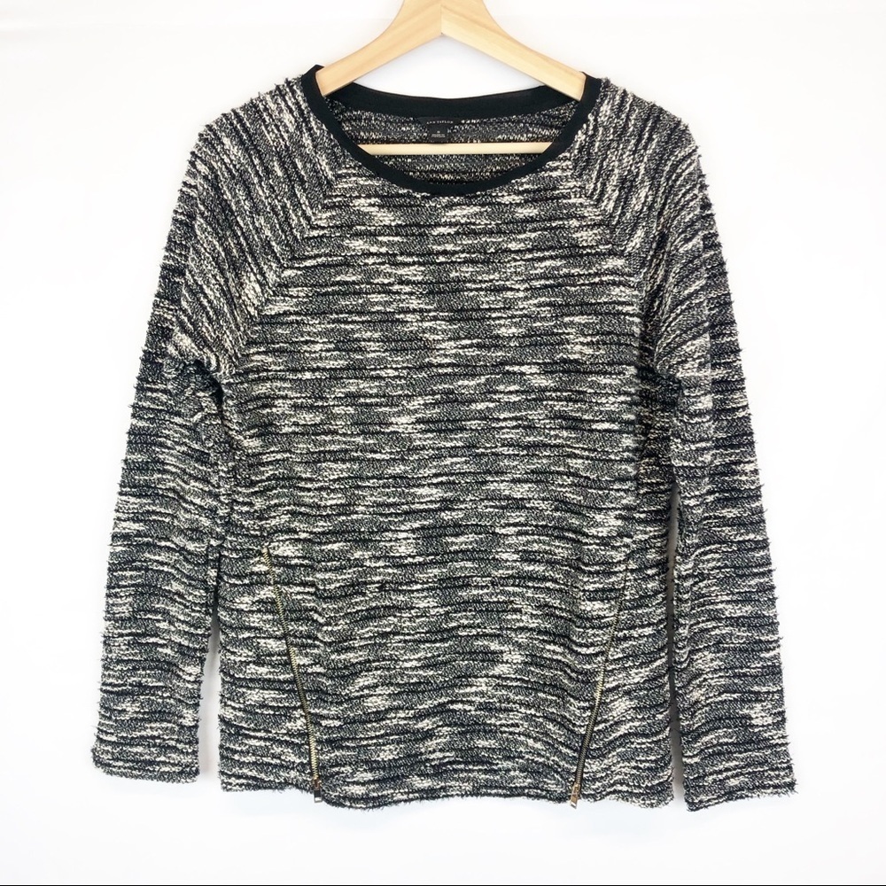 Ann‎ Taylor Marled Black Crew Neck Tweed Knit Side Zip Oversized Sweater S